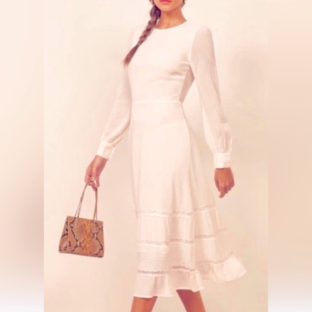 Reformation Valerie Midi Dress in Ivory with Bishop Sleeves and Tiered A-Line